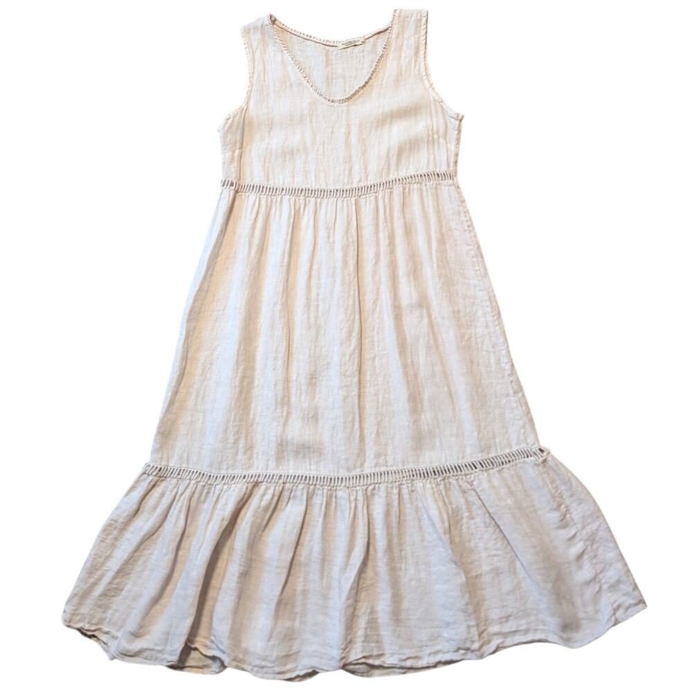 Valentina Naldi Italy Linen Dress Womens M Beige Crochet Tiered Midi V Neck